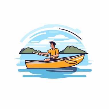 Gölde kayıkta kürek çeken bir adam. Düz vektör illüstrasyonu.