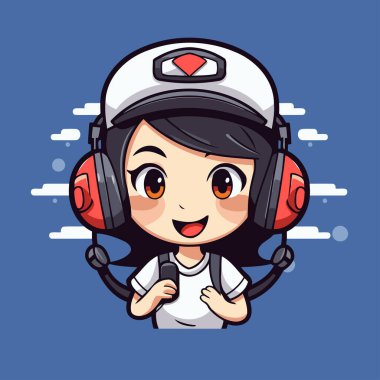 Kask takan ve kulaklıkla müzik dinleyen sevimli küçük bir kız. Vektör illüstrasyonu.