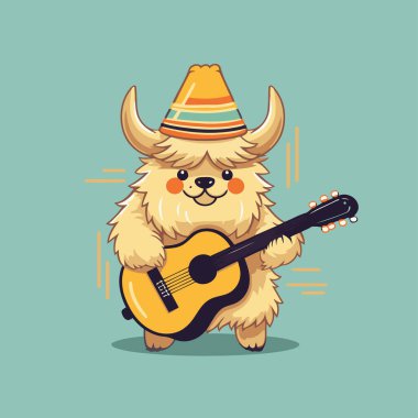 Sombrero 'da gitar çalan şirin bir Lama çizgi filmi. Vektör illüstrasyonu.