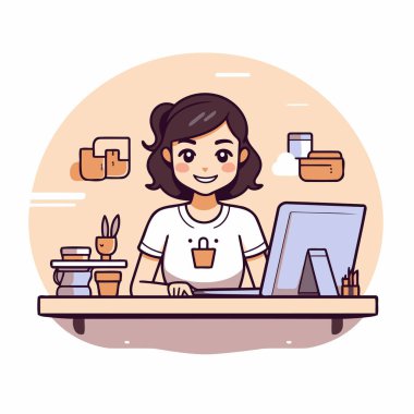 Evde çalışan bir kız. Çizgi film tarzında vektör illüstrasyonu. Masada oturan kız..