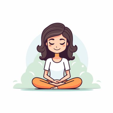 Lotus pozisyonunda meditasyon yapan bir kız. Çizgi film tarzında vektör illüstrasyonu