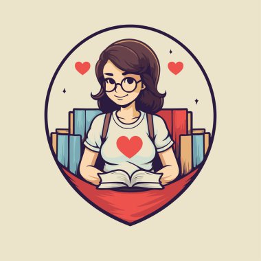 Kalp şeklinde kitap okuyan bir kızın vektör çizimi.