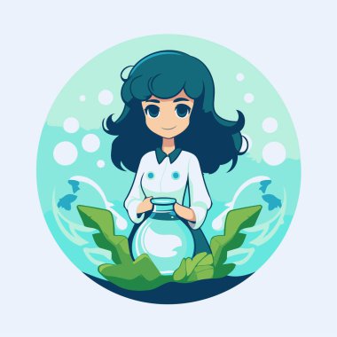 Bir şişe su tutan bir kızın tasviri. vektör illüstrasyonu