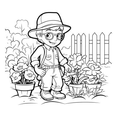 Bahçede çalışan bir erkek bahçıvanın taslağı. boyama kitabı