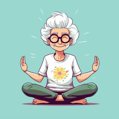 Lotus pozisyonunda oturan yaşlı kadın. Vektör çizimi. Çizgi film karakteri.