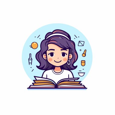 Kitap okuyan sevimli küçük bir kız. Çizgi film tarzında vektör illüstrasyonu.