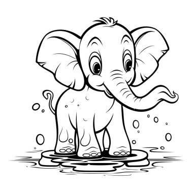 Sudaki Fil - Siyah ve Beyaz Çizgi Film İllüstrasyonu. Vektör