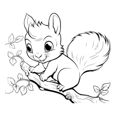 Dalda oturan şirin bir sincap. Tek renkli vektör illüstrasyonu.
