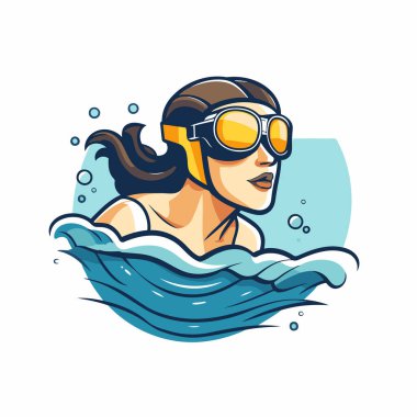 Dalış maskeli ve gözlüklü kadın denizde yüzüyor. Vektör illüstrasyonu.