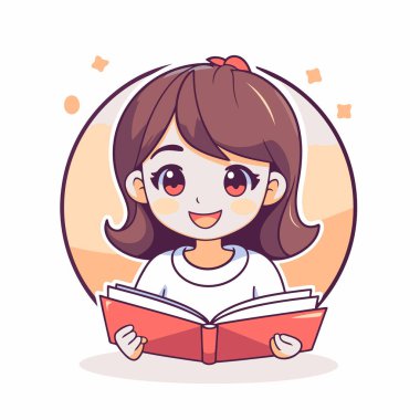 Kitap okuyan bir kız. Sevimli çizgi film karakteri. Vektör illüstrasyonu.