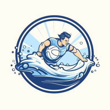 Yalıtılmış arkaplanda yan çemberden görülen dalgada topu taşıyan bir rugby oyuncusunun vektör illüstrasyonu.