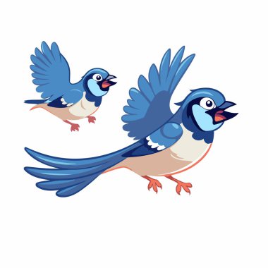 Beyaz arka planda izole edilmiş iki şirin mavi kuş. Vektör illüstrasyonu.