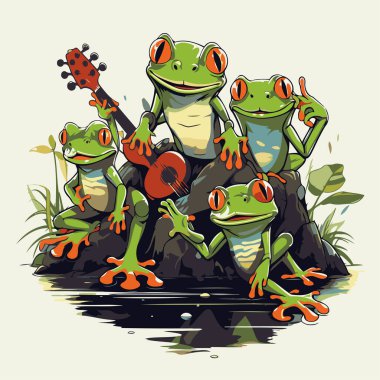 Kurbağalar bir kayanın üzerinde oturup gitar çalıyorlar. Vektör illüstrasyonu.