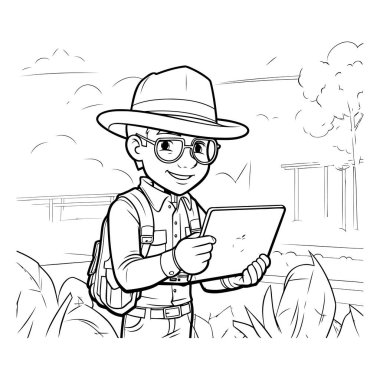 Elinde tabletle şapka ve gözlüklü bir çocuğun siyah beyaz çizimi..