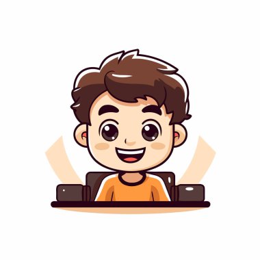 Çocuk masada oturuyor. Sevimli çizgi film karakteri. Vektör illüstrasyonu.