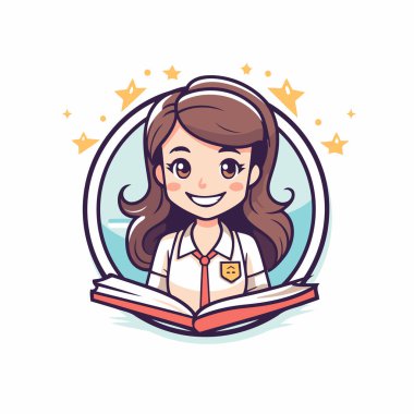 Kitap okuyan sevimli liseli kız. Çizgi film tarzında vektör illüstrasyonu.