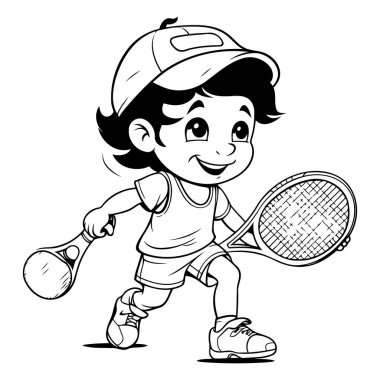 Tenis oynayan küçük çocuk - Siyah ve beyaz çizgi film illüstrasyonu. Vektör