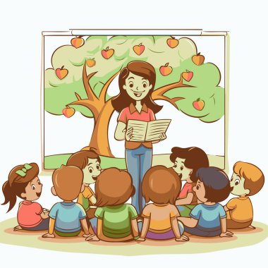 Sınıftaki çocuklara kitap okuyan bir öğretmen. Vektör illüstrasyonu