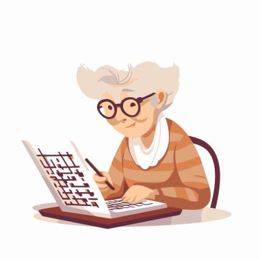 Bilgisayar kullanan yaşlı bir kadın. Çizgi film tarzında vektör illüstrasyonu.