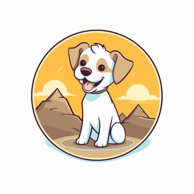 Jack Russell Terrier, dağların arka planında bir köpek yavrusu. Vektör illüstrasyonu