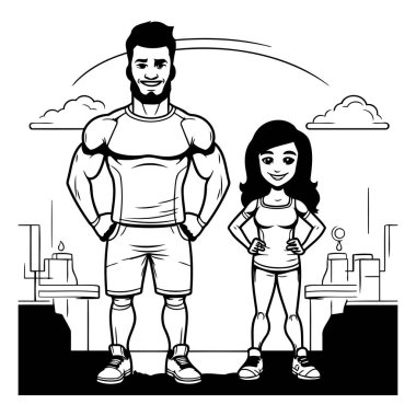 Şehir manzarası vektör illüstrasyon grafik tasarımında fitness çifti ve erkek çizgi filmi