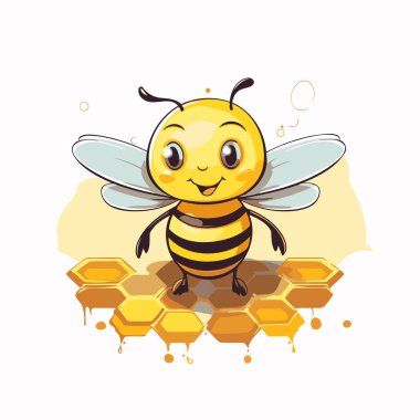 Beyaz arka planda bal petekleri olan sevimli çizgi film arısı. Vektör illüstrasyonu.