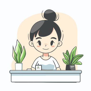 Odadaki masada oturan sevimli çizgi film kızı. Vektör illüstrasyonu.