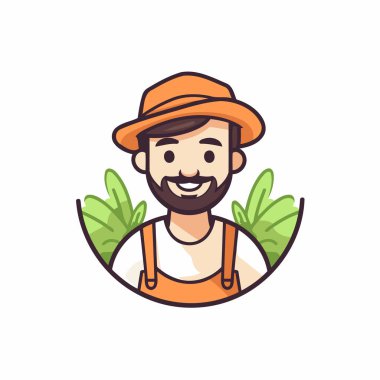 Şapkalı ve tulumlu bir çiftçi. Çizgi film tarzında vektör illüstrasyonu