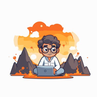 Dağlarda dizüstü bilgisayar üzerinde çalışan bir bilim adamının vektör çizimi.