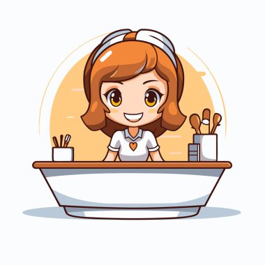 Küvet karikatürü ikonunda tatlı bir kız. Banyo ve hijyen teması. Renkli tasarım. Vektör illüstrasyonu