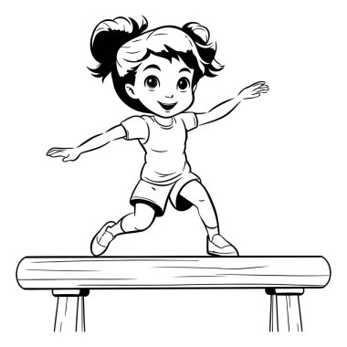 Tahtanın üzerinde zıplayan mutlu küçük kız. Siyah ve beyaz vektör çizimi.