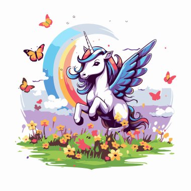 Gökyüzünde çiçeklerin arasında uçan tek boynuzlu at. Vektör illüstrasyonu.