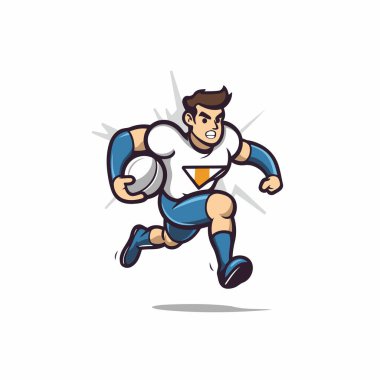 Rugby oyuncusu topla koşuyor. Çizgi film tarzında vektör illüstrasyonu.