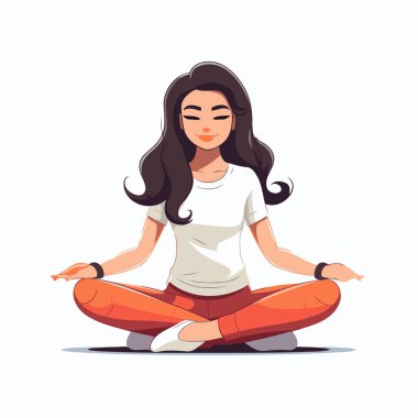 Yoga yapan genç bir kadın. Lotus pozisyonunda oturuyor. Çizgi film vektör illüstrasyonu.