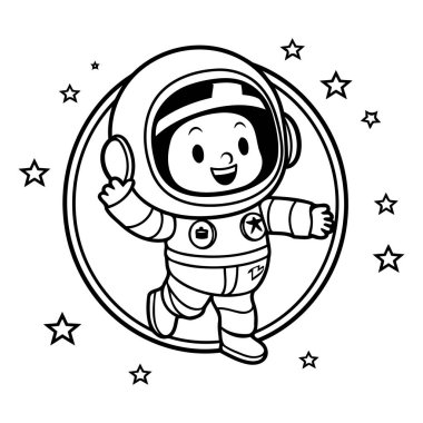 Kaşık ve yıldız karikatürlü astronot çerçeve vektör illüstrasyon grafik tasarımı