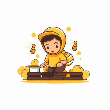 Sarı üniformalı ve arıcıda çalışan bir arı yetiştiricisinin temsilcisi..