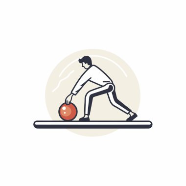 Bowling topu olan adam. Beyaz arkaplanda düz tasarım biçiminde vektör illüstrasyonu.