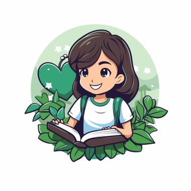 Bahçede kitap okuyan sevimli küçük bir kız. Vektör illüstrasyonu.