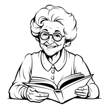 Büyükannem bir kitap okuyor. Siyah-Beyaz Çizgi Film İllüstrasyonu. Vektör