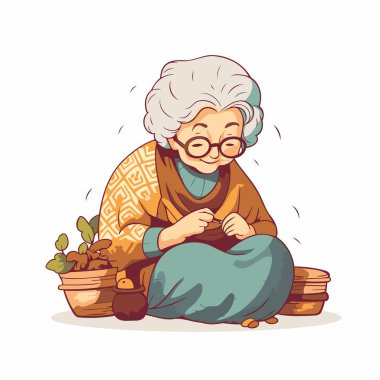 Elinde bir sepet çiçekle yaşlı bir kadın. Vektör illüstrasyonu.