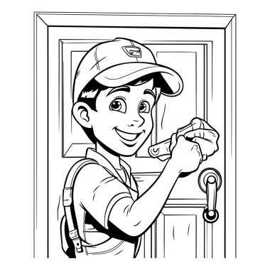 Ön kapıyı tamir eden üniformalı genç bir adamın vektör çizimi..