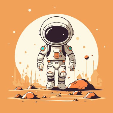 Ayın arka planında bir astronot. Vektör illüstrasyonu.