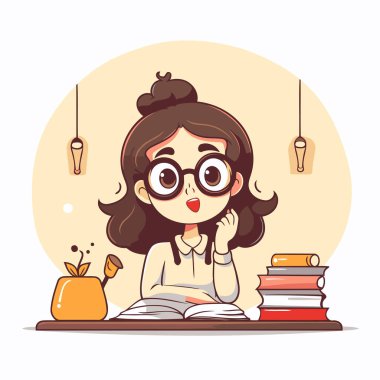 Kız evde ders çalışıyor. Güzel karikatür vektör çizimi. Eğitim kavramı.