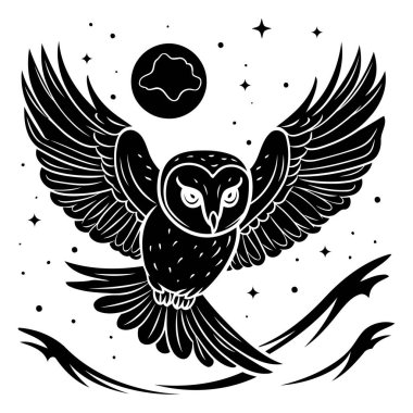 Gece gökyüzünde uçan baykuş. Siyah ve beyaz vektör çizimi.