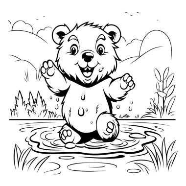 Siyah ve Beyaz Çizgi Film Sevimli Ayı Hayvan Karakterinin Suyun İçinde Pozisyonu