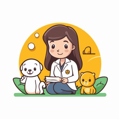 Köpeği ve ayısı olan kız doktor. Çizgi film tarzında vektör illüstrasyonu.