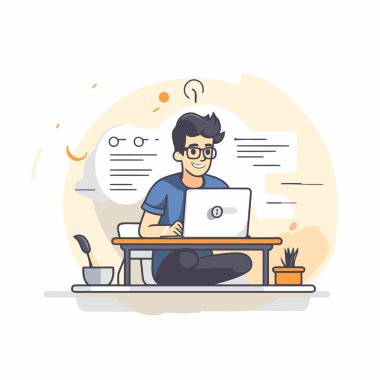 Evde dizüstü bilgisayarla çalışan serbest çalışan bir adam. Serbest çalışma konsepti. Vektör illüstrasyonu