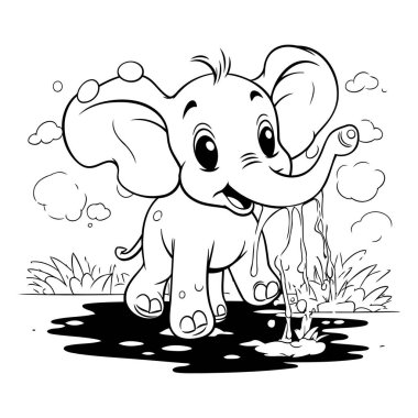 Boyama sayfaları. Ormandaki sevimli çizgi film fili. Vektör illüstrasyonu.