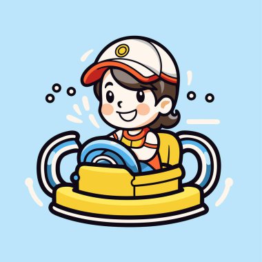 Mavi arka planda çarpışan bir arabaya binen bir kızın resmi.