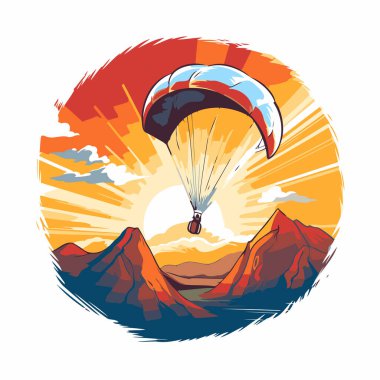 Paraglider gün batımında dağların üzerinden uçuyor. Vektör illüstrasyonu